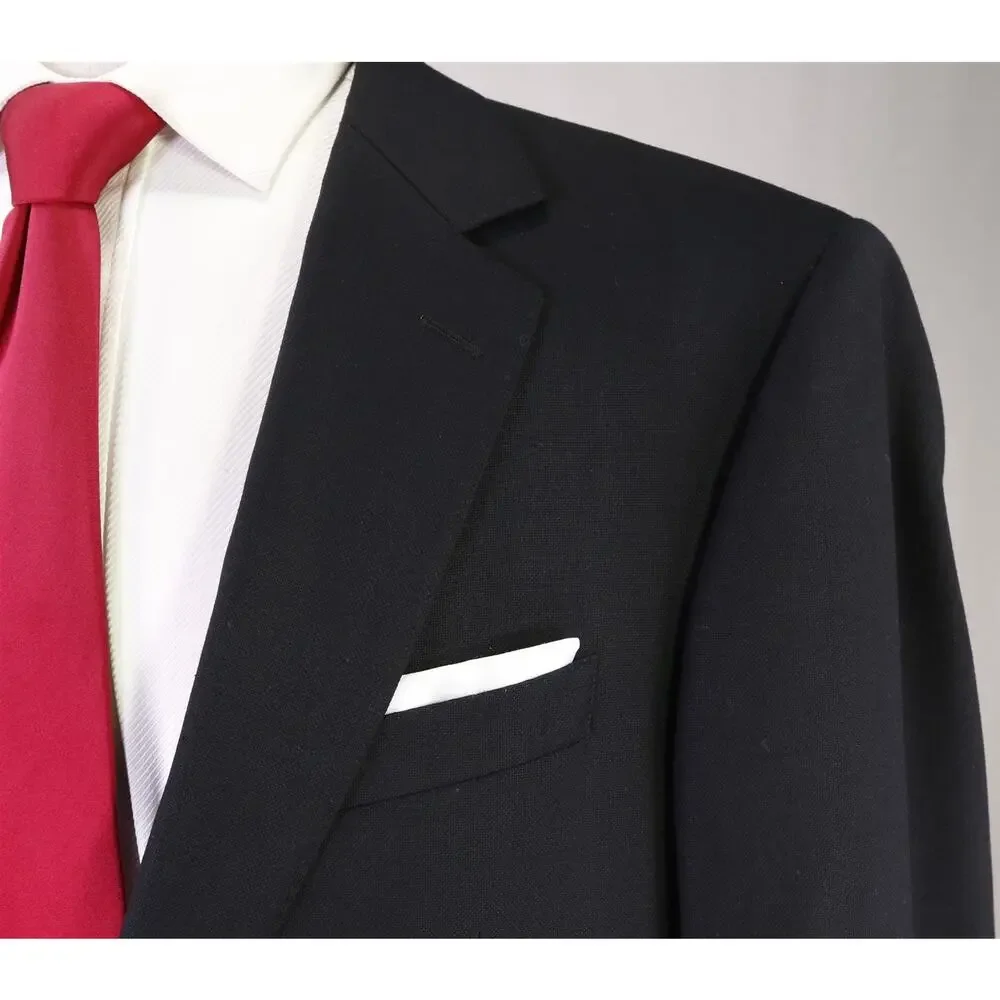 Custom Tailored Bespoke Solid Black 2-Btn Wool Suit 46R